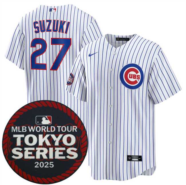 Men%27s Chicago Cubs #27 Seiya Suzuki White 2025 World Tour Tokyo Series Home Stitched Jersey Dzhi->chicago cubs->MLB Jersey
